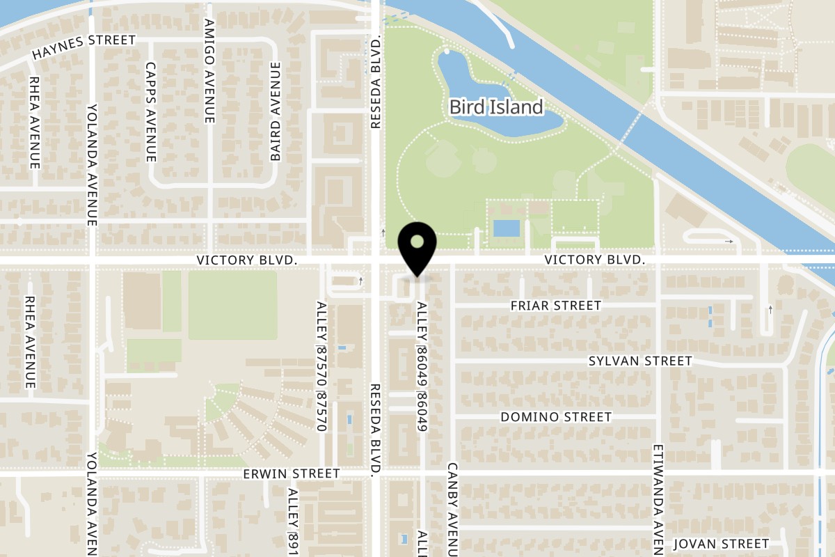 Map showing the location of Firehouse Taverna on 18450 Victory Blvd in Tarzana