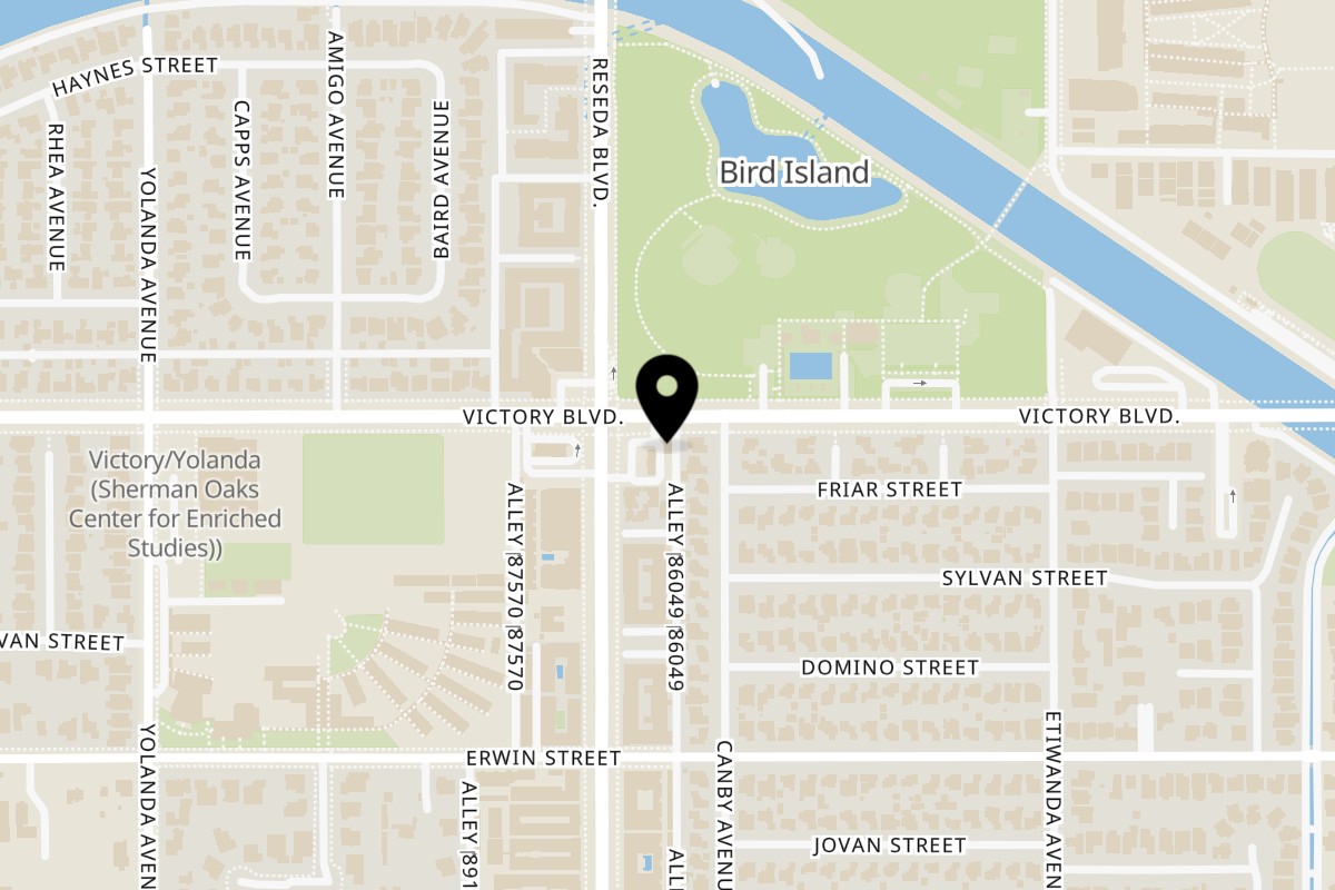 Map showing the location of Firehouse Taverna on 18450 Victory Blvd in Reseda